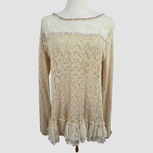 BKE Beige Lace Knit Long Sleeve Top Sweater M Chiffon Hem Boho Feminine Tan NWOT
